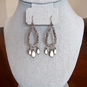 Lucky Brand Antique Silver & Pearl White Semi Precious Stone Fishhook Earrings